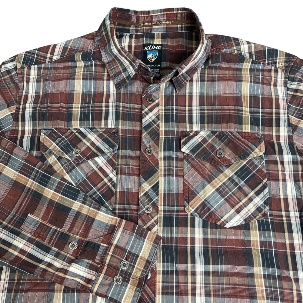 Kuhl Mens M Plaid Button Down Shirt Brown Tan Tencel Blend Long Sleeve - Flaw